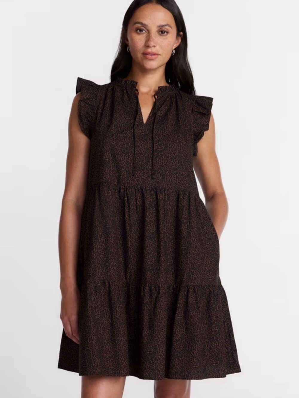 Time and Tru Women's Tiered Cotton Mini Dress with Flutter Sleeves